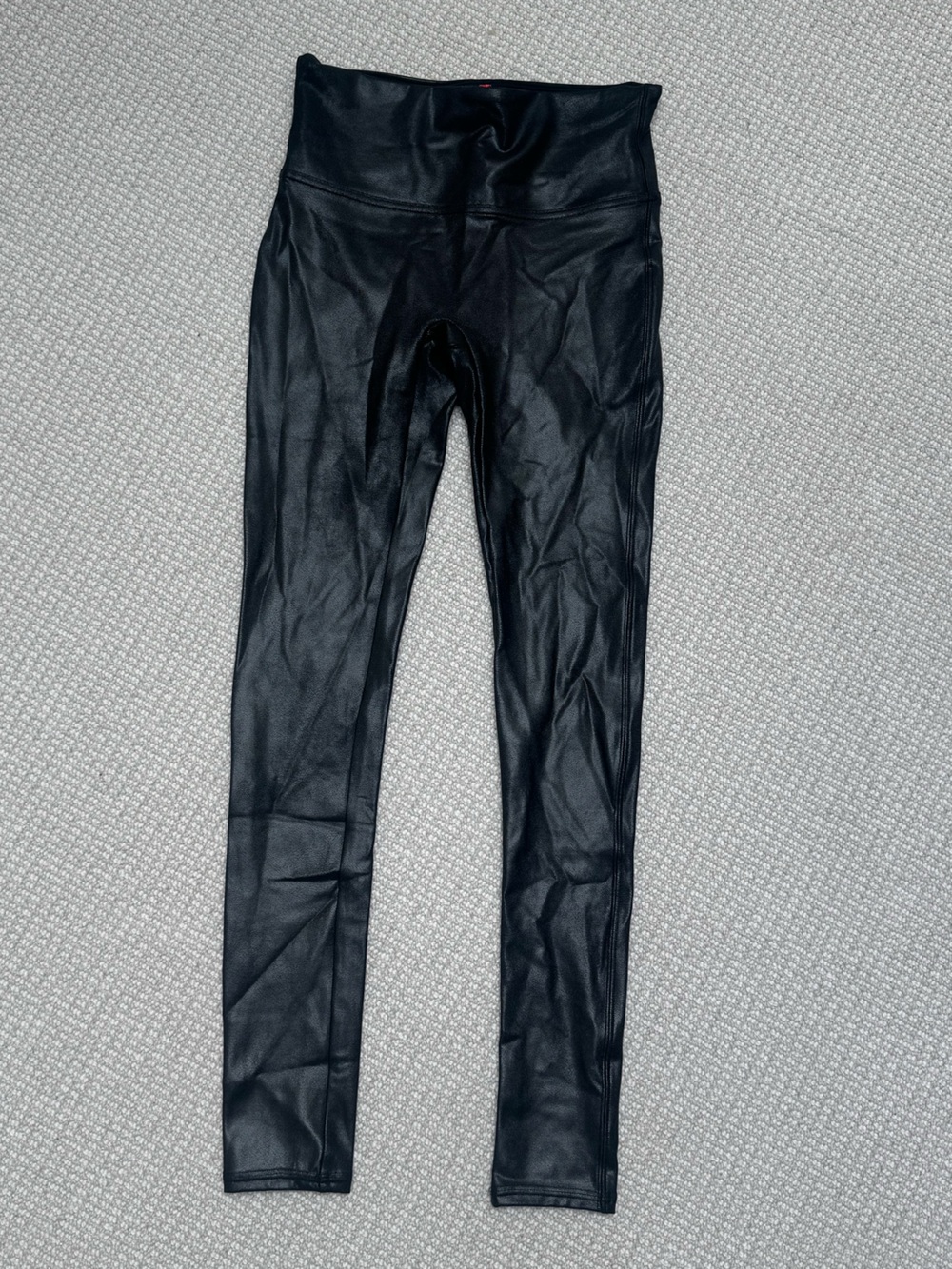 SPANX Black Faux Leather-Look Leggings with Red Logo Tag